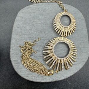 Gold Tone Rhinestone Sunburst Tassel Pendant Necklace Statement Boho Festival